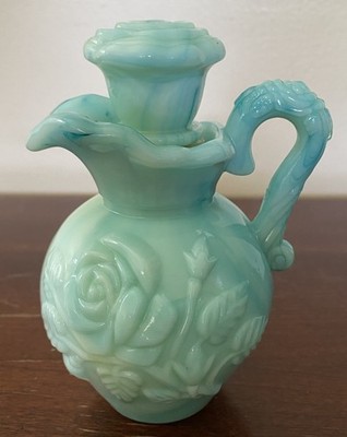 Vintage Avon Jadeite Slag Glass Rose Pitcher Decanter with Stopper Green Blue