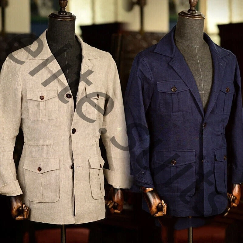Linen Men's Safari Pockets Hunting Coat Jacket Casual Breathable Retro 2Pieces
