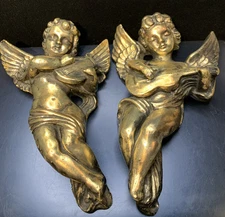 VTG Cherub Wall Hanging Set Of 2 Heavy Gold Gilt Harp Guitar Angel 10x6x2.5”