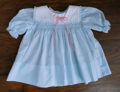 Vintage Polly Flinders Baby Girl Blue Embroidered Smocked Lace Dress  Newborn 0-3 - Main Image
