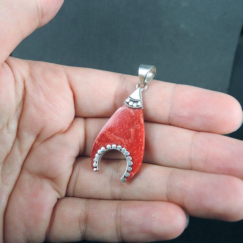 Joyería colgante de coral rojo natural lágrima pequeña de plata de ley 925,... - Imagen 5 de 6
