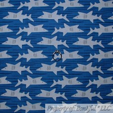 BonEful FABRIC FQ Cotton Quilt Blue White Gray SHARK Fish Water Wave Sea Stripe