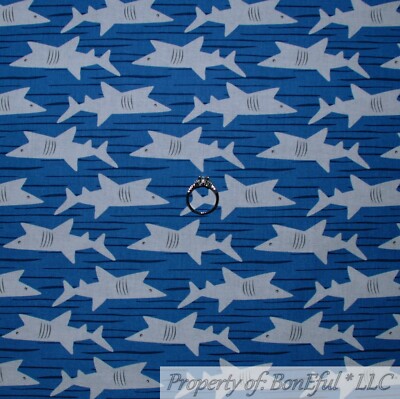 BonEful FABRIC FQ Cotton Quilt Blue White Gray SHARK Fish Water Wave Sea Stripe