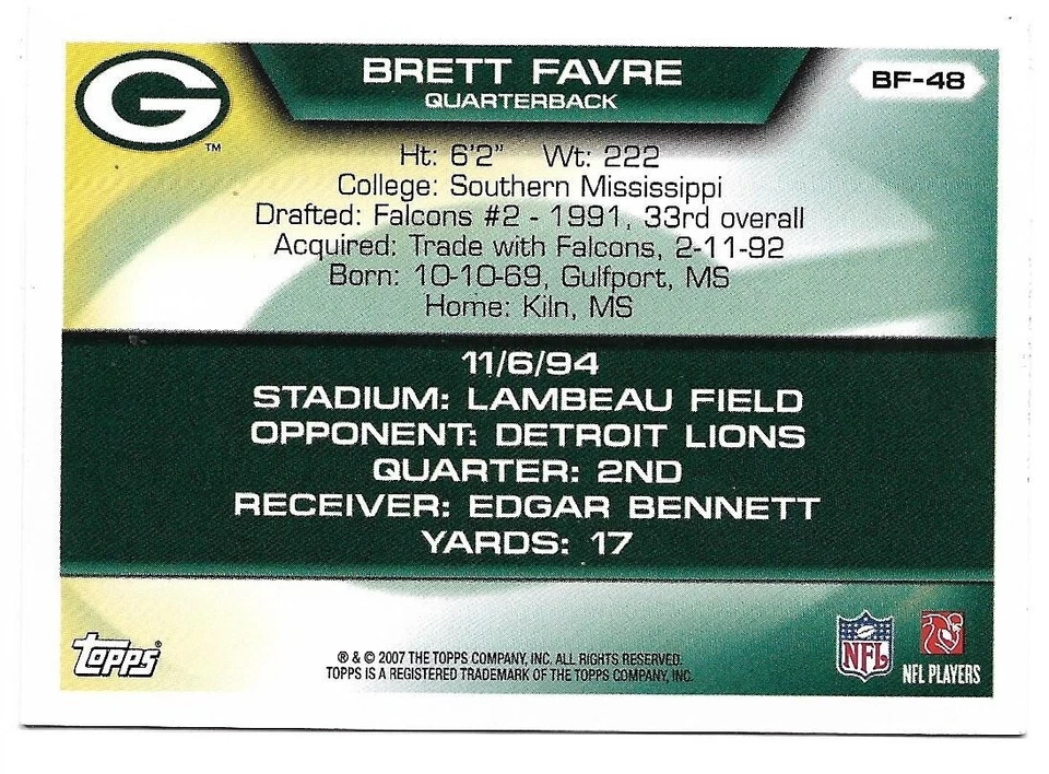 2007 Topps Brett Favre  Flight to 420 TD #48  #BF-48  Green Bay Packers - Image 2 of 2