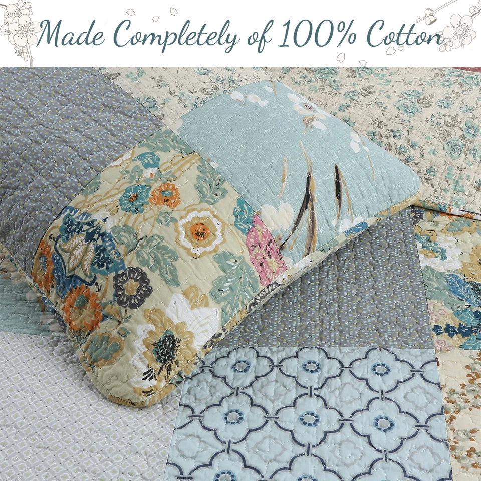 Juego de cama edredón de 3 piezas de algodón con patentes florales Ogee azul cielo Foto 3 de 4