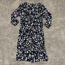 LRL Lauren Ralph Lauren Dress Womens 14 Blue Abstract Floral Faux Wrap Ruched