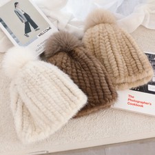 100 Real Mink Fur Knitted Beanie Hat Women Winter Cap with Fox Fur Pom Poms