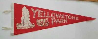 #ad Vintage red souvenir Yellowstone Park Old Faithful Geyser Bear Pennant Felt Flag $69.95