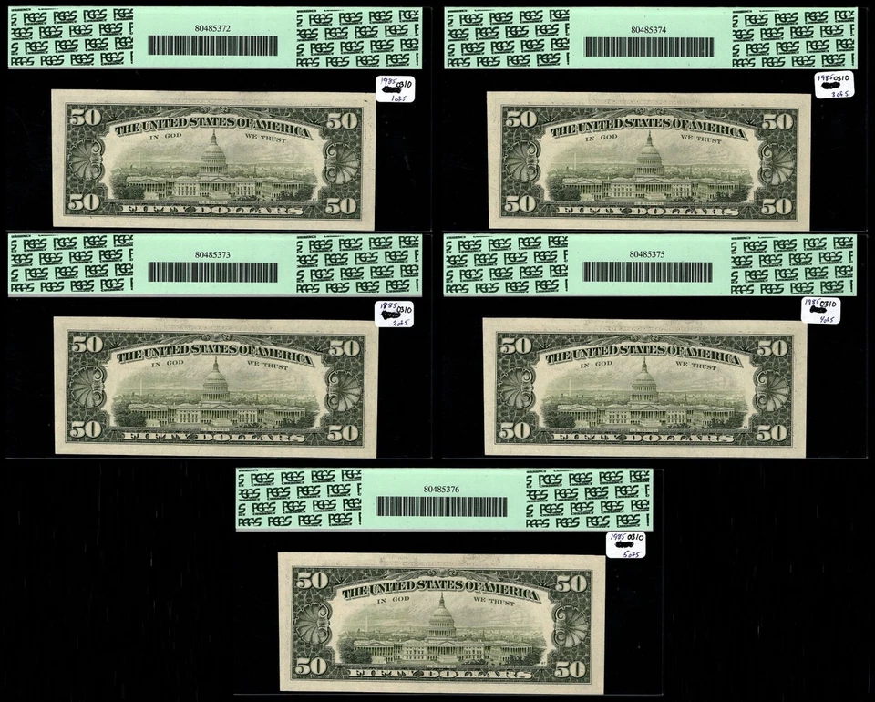 5 Consecutive 1985 $50 Federal Reserve Notes Small Heads PCGS 65PPQ (CAJ) - Image 2 of 3