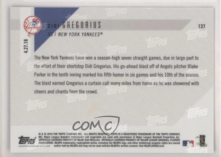 2018 Topps Now /576 Didi Gregorius #137 - Image 2 of 2