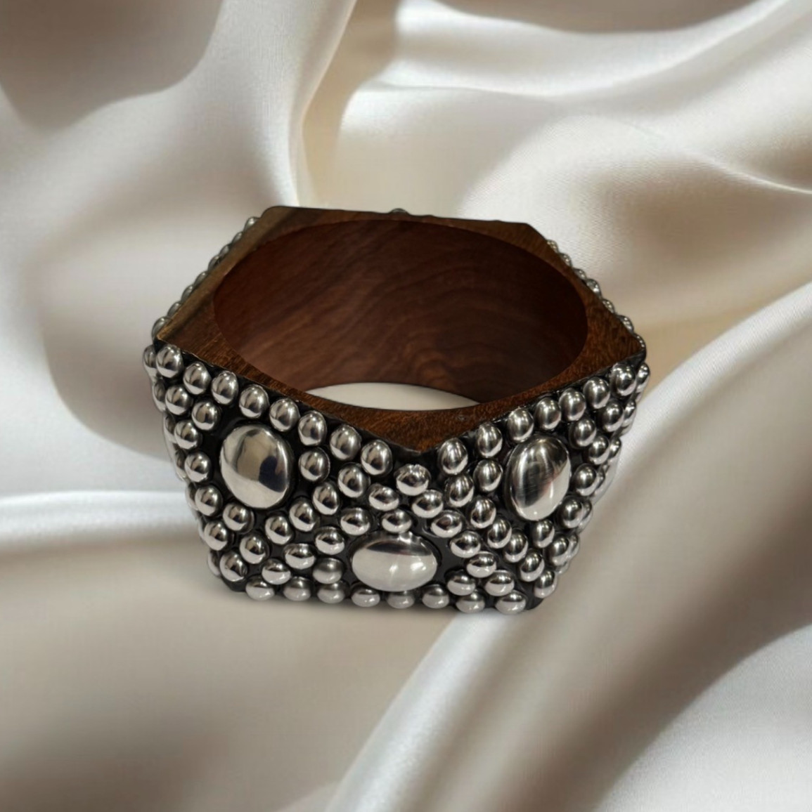 Artisan Studded Wood Statement Bangle Silver Stud… - image 1