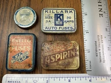4 Vintage Tin Cans Killark & Exello Auto Fuses, Mentholatum, Aspirin Mini Metal