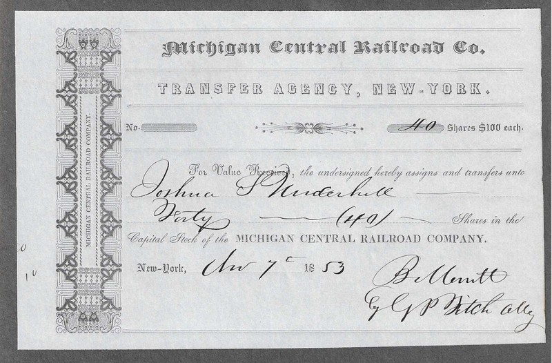 1853 Michigan Central RR Stock Transfer