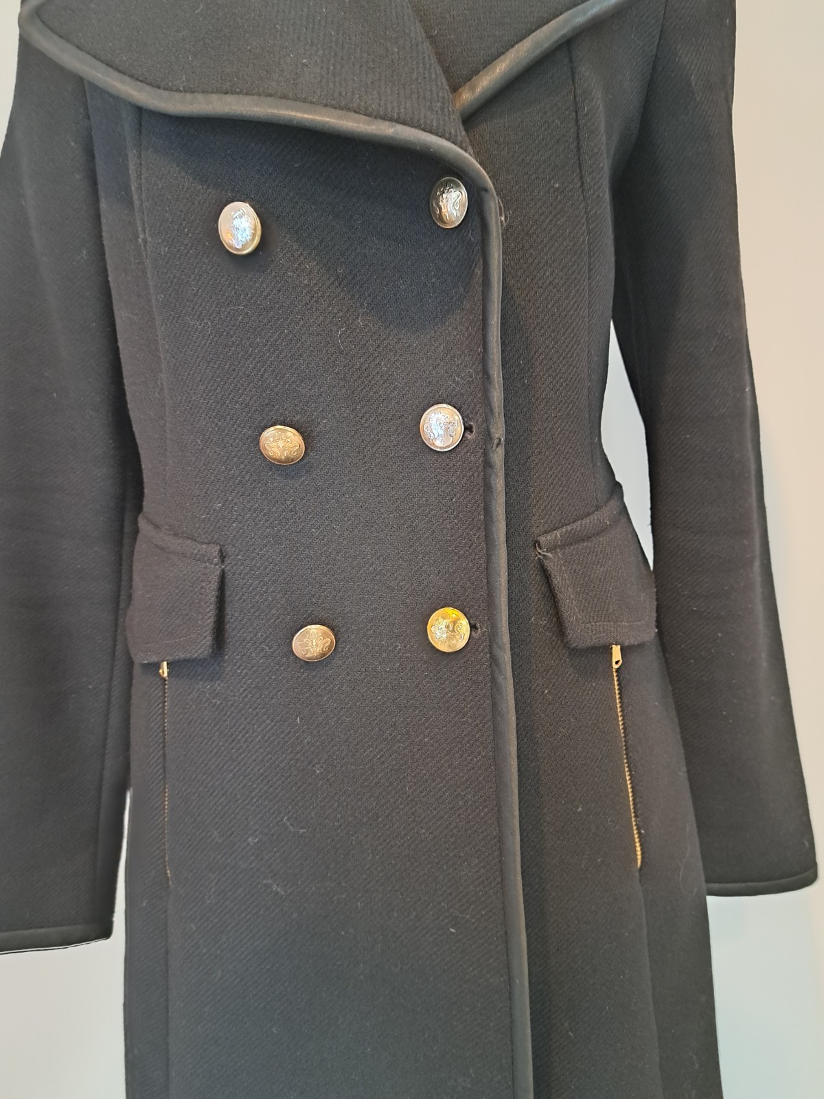 Zara Sz L Gold Button Wool Blend Tailored Coat Satin Silky Trim Zipper Pockets  thumbnail 4