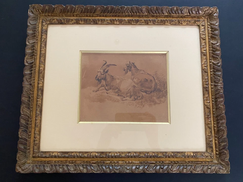 Lavis d'encre sépia sur papier / Bouc et Chèvre /Signé, daté XIXe / Bien encadré - Photo 2/4