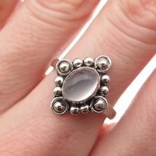 925 Sterling Silver Vintage Real Moonstone Beaded Oxidized Ring Size 7
