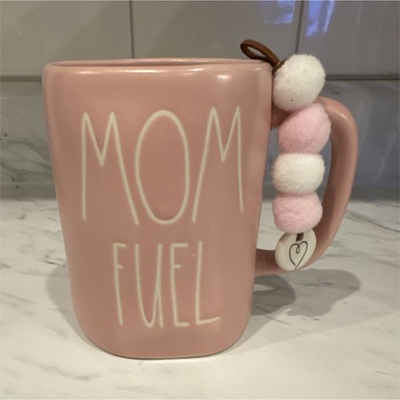 #ad Rae Dunn Artisan Collection Pink MOM FUEL Mug Pom Pom Handle Ceramic $13.99