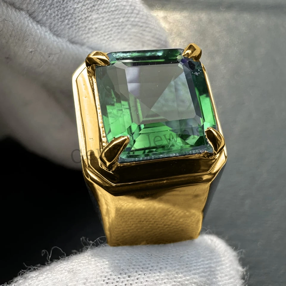 Anel masculino de noivado de ouro amarelo sólido 14K feito à mão com pedra preciosa esmeralda verde - Imagem 3 de 3