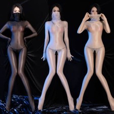 Women's Shiny Glossy Bodysuit Sheer Nylon Jumpsuit High Neck Full Body Stockings