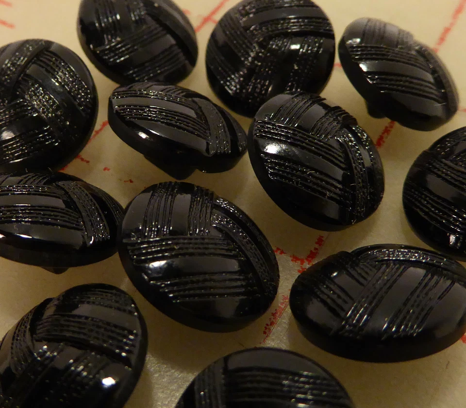 500 Vintage Sm Czech Glass Shank Button Black Folded Texture Design 1/2" 14mm#19 - Image 3 of 4