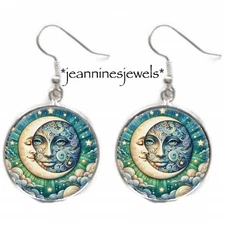 Full Moon Earrings Crescent Moon Boho Art Print Bohemian Silver Charm Dangle