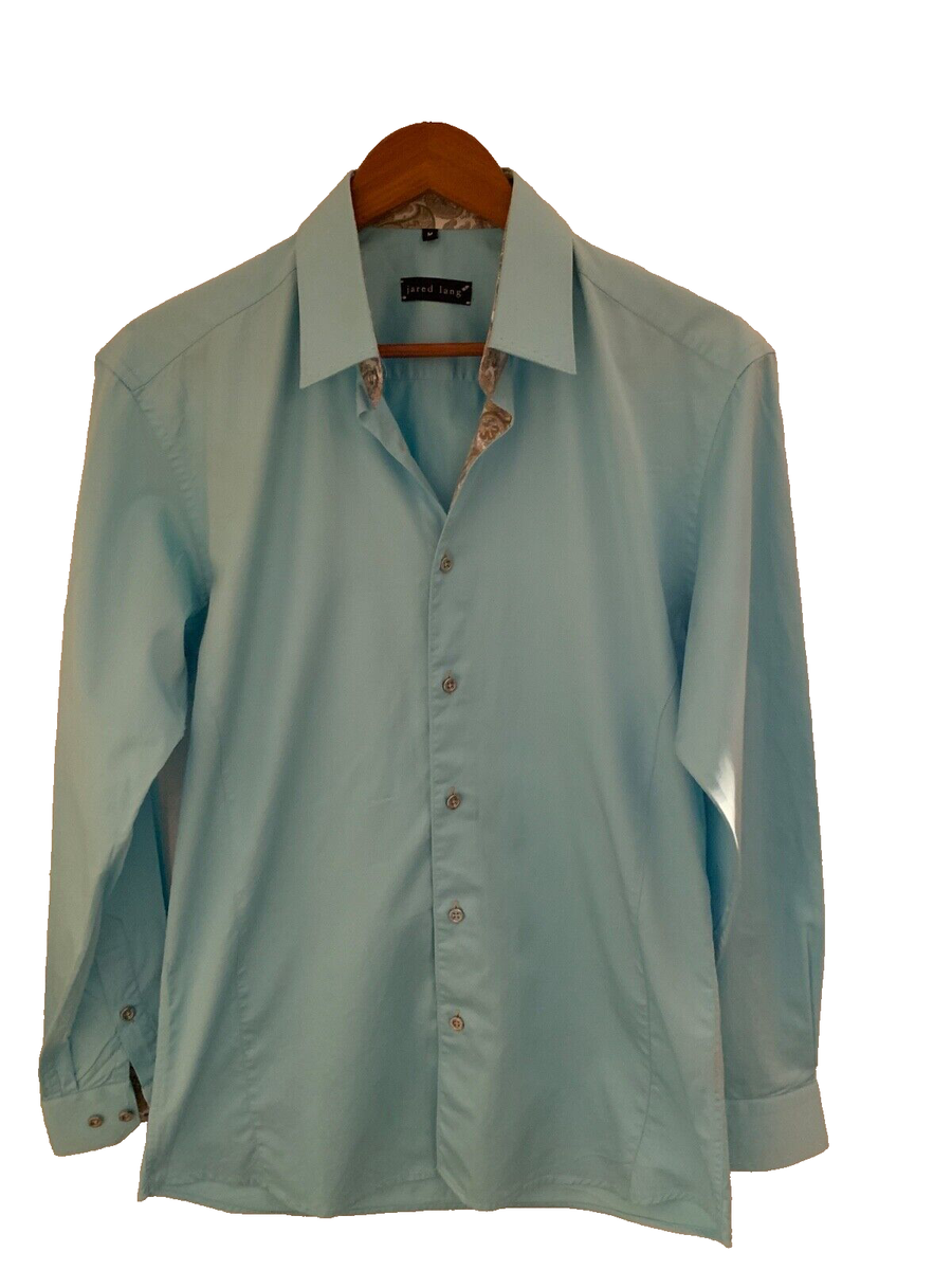 jared lang dress shirt Jared Lang summer dress shirt blue silver buttons 100% cotton M flip cuff  print