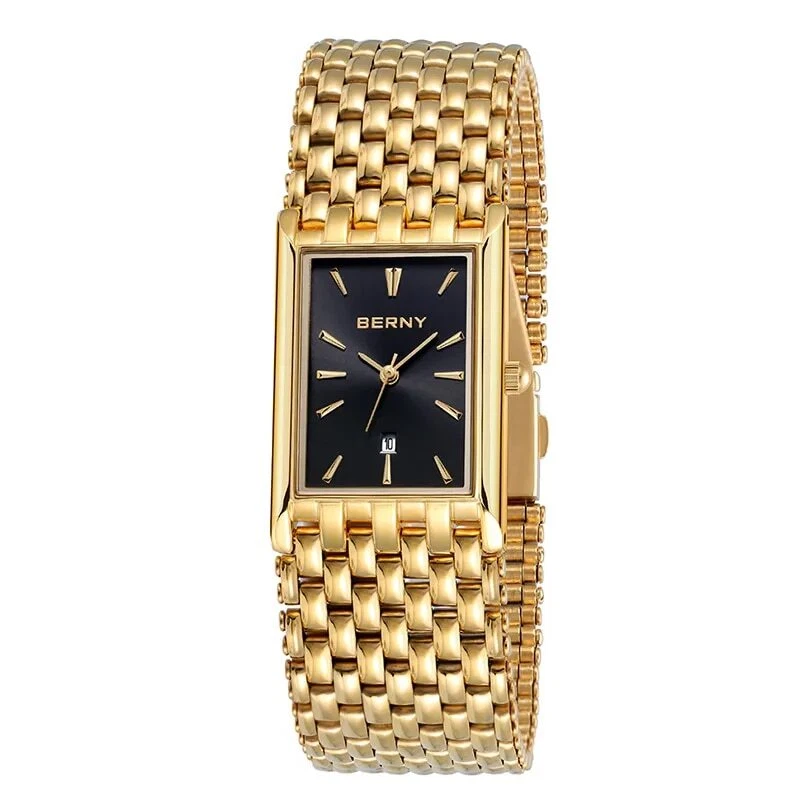 Reloj dorado esfera negra reloj rectangular hombre banda ancha elegancia diseño elegante Foto 2 de 4