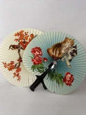 Vintage 2 Folding Fans Bird Kittens Metal Handle The Peoples Republic of China