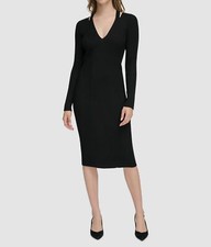 Calvin Klein Womens Black Cutout V Neck Long-Sleeve Sweater Dress Size L