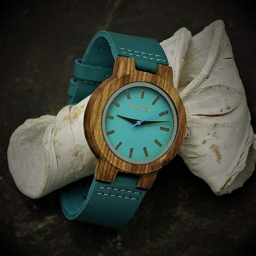 Holzwerk LIL KAHLA kleine Damen Holz Uhr mit Leder Armband, türkis blau & braun - Bild 3 von 7
