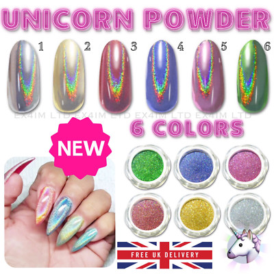 Neu 6 Farben Regenbogen EINHORN holografischer Spiegeleffekt Puder Nailart Pigment