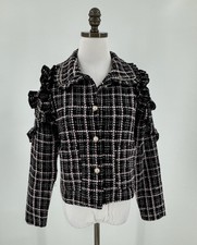 Sister Jane Womens Black Pink Boucle Ruffle Sleeve Button Up Blazer Jacket Sz S