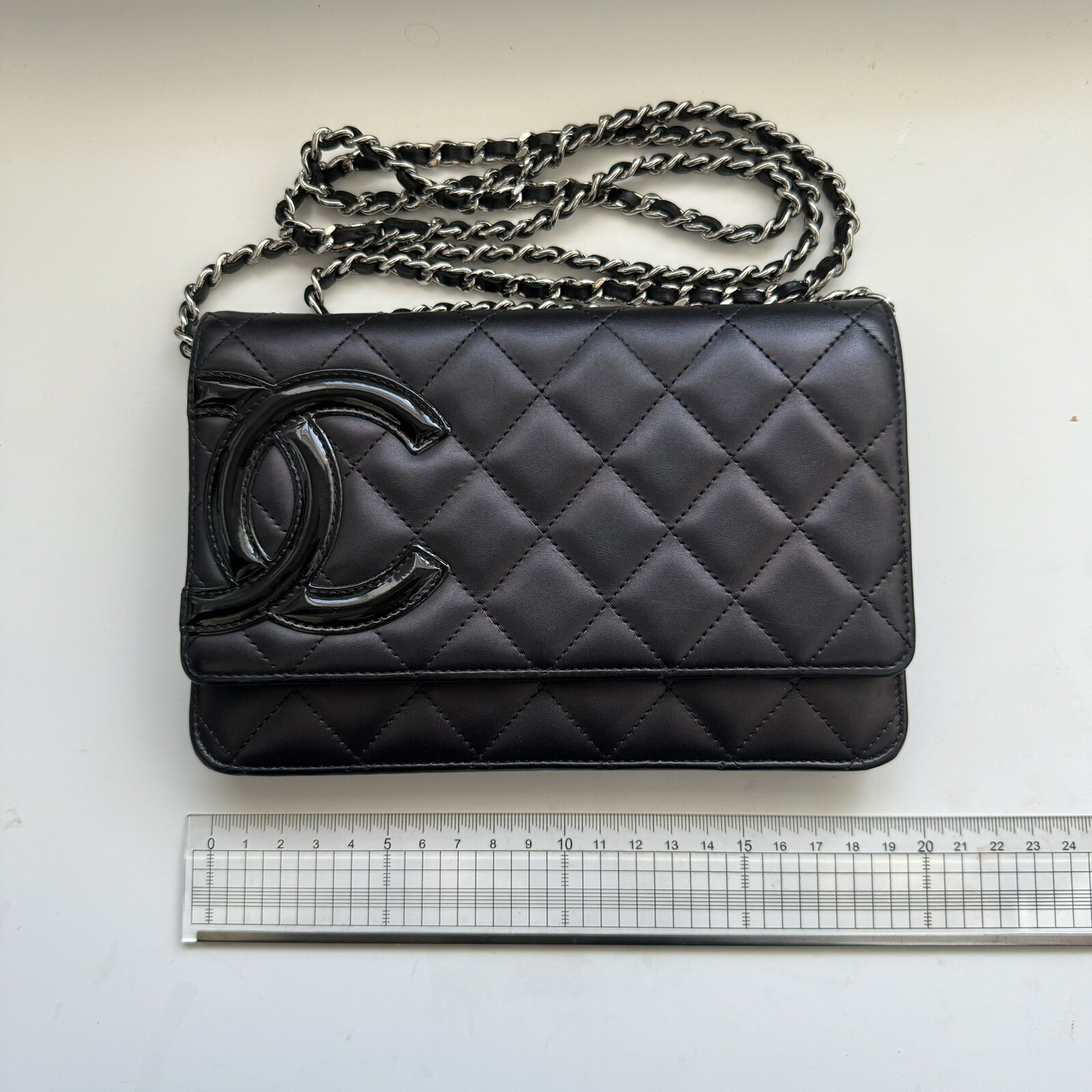 CHANEL Cambon Line Chain Long Wallet Leather Enamel Black