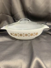 Vintage Glasbake Jeanette Gold Casserole Dish With Lid 1 Qt Gold Burst