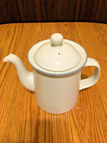 Vintage Dansk International White Pottery Coffee Pot - Blue Rim Edge - Picture 2 of 7