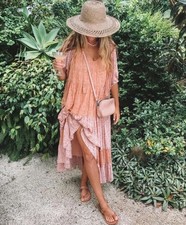 Spell & The Gypsy Dress Size S Rae Gown Maxi Peach Pink Floral Waist Tie Boho
