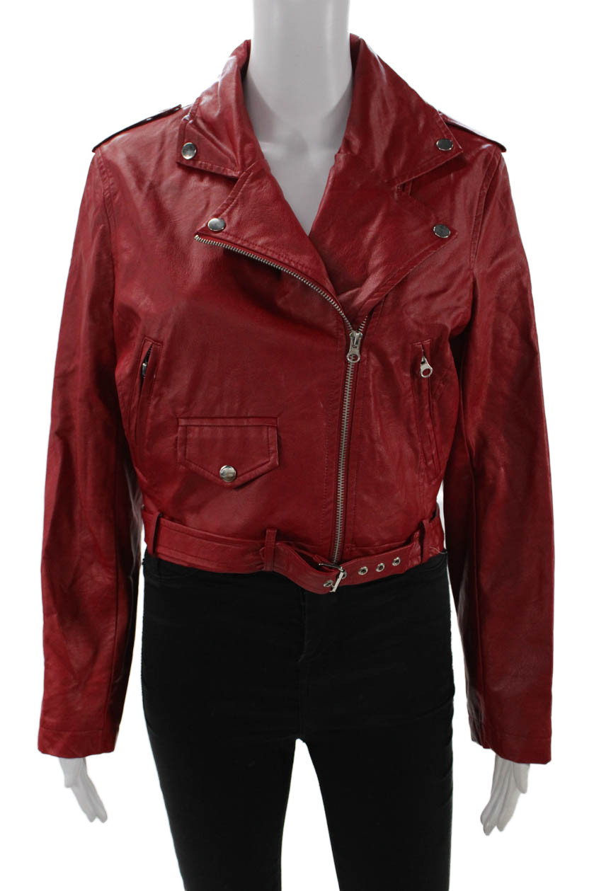 Nude Womens Biker Motorcycle Jacket Red Buckle Collared Long Sleeve Size MFree Shipping in US $100+ Orders | $6.95 Orders Below