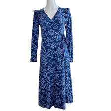 New DRAPER JAMES Floral Midi Ruffle Wrap Dress Pockets Blue XS