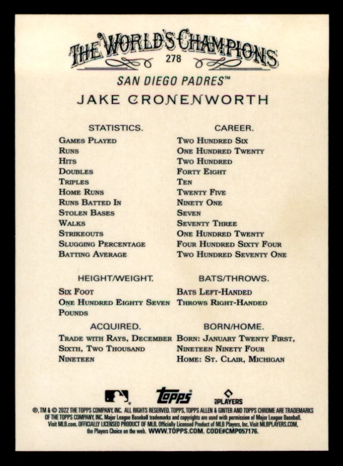 2022 Topps Allen & Ginter Chrome #278 Jake Cronenworth San Diego Padres - Image 2 of 2