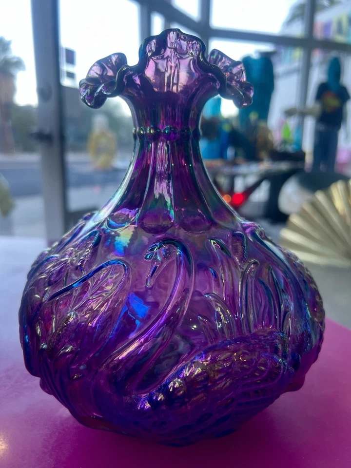 Fenton Amythyst Carnival Glass Swan Cattail Lily Pad Vase Purple Iridescent - Image 2 of 4