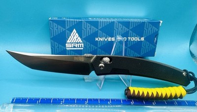 SRM Knives 9211 Folding Knife 3.57'' Tanto Blade, Black G10 Handles FREE LANYARD