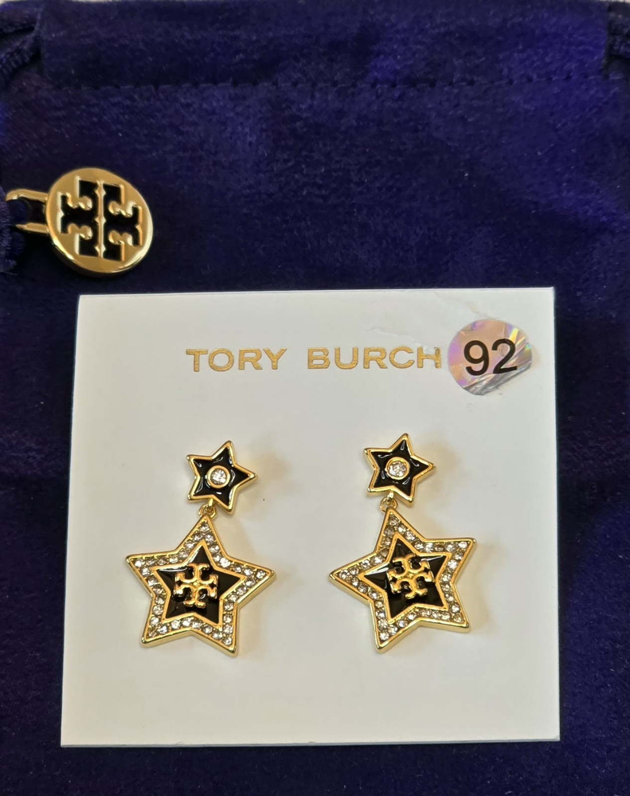 TORY BURCH LOGO FALLING STAR w CRYSTALS/ENAMELED DANGLE PIERCED EARRINGS ☆18K GP