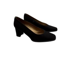 Vtg Stuart Weitzman Black Fabric Mid Heels Sz 7B Patent Leather Strip Heel Read