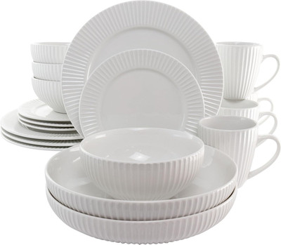 Elle 18 Piece Porcelain Dinnerware Set with 2 Large Serving Bowls in White