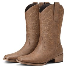 Tan Cowboy Boots for Women Square Toe - Mid Calf Western Cowgirl Boots with E...