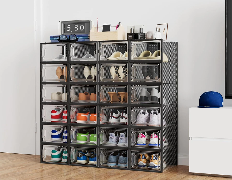 Scatole per Scarpe,12 Pcs Scatole Portascarpe in Plastica Trasparenti Impilabili - Immagine 2 di 4