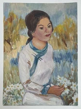 Le Thi Luu (Handmade) Mixed Media Drawing On Old Paper Signed, Vtg Art