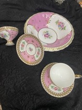 5 pc Miniature 2 TEA CUP with 2 SAUCERS and bowl Pink Gilt Roses Crown