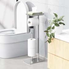 Toilet Paper Holder Stand with Top Storage Shelf, Free Standing Toilet Roll D...