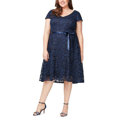 Alex Evenings Womens Navy Metallic Mesh Fit & Flare Dress Plus 16W BHFO 4811